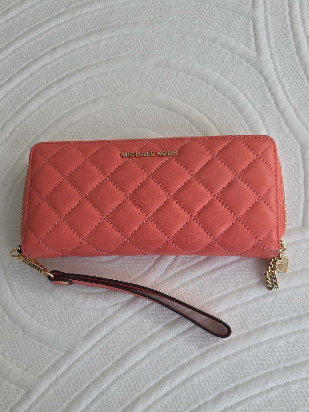 Michael Kors Quilted Coral Zip-Around Wristlet